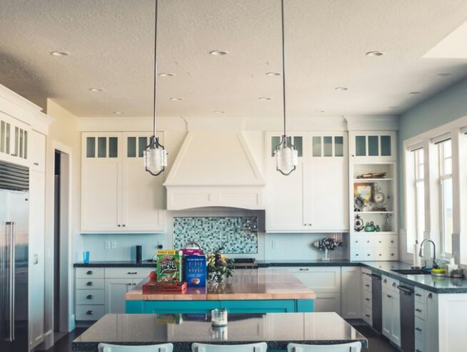 kitchen with island and table